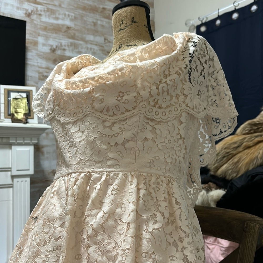 ELIZA J absolutely gorgeous lace mini dress. layer on layer of blush lace.  14.